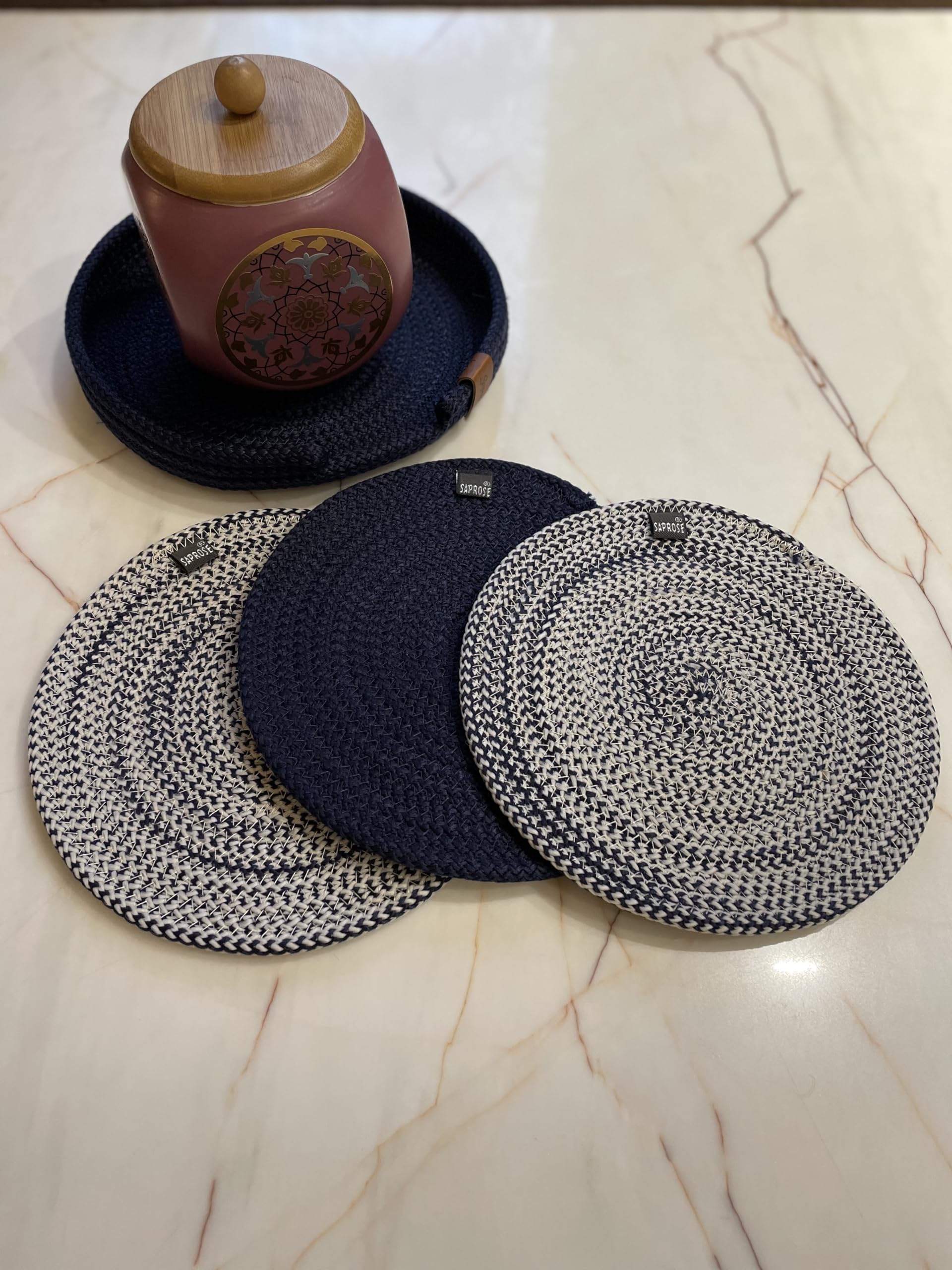 SAPROSE® Retro Polypropylene 3 Pc Round Trivet with Basket Holder | Braided Pot MAT, Side Table Mat, Machine Washable Small Place Mat for Casserole for Dining Table (9 inch Dia) Kafalo