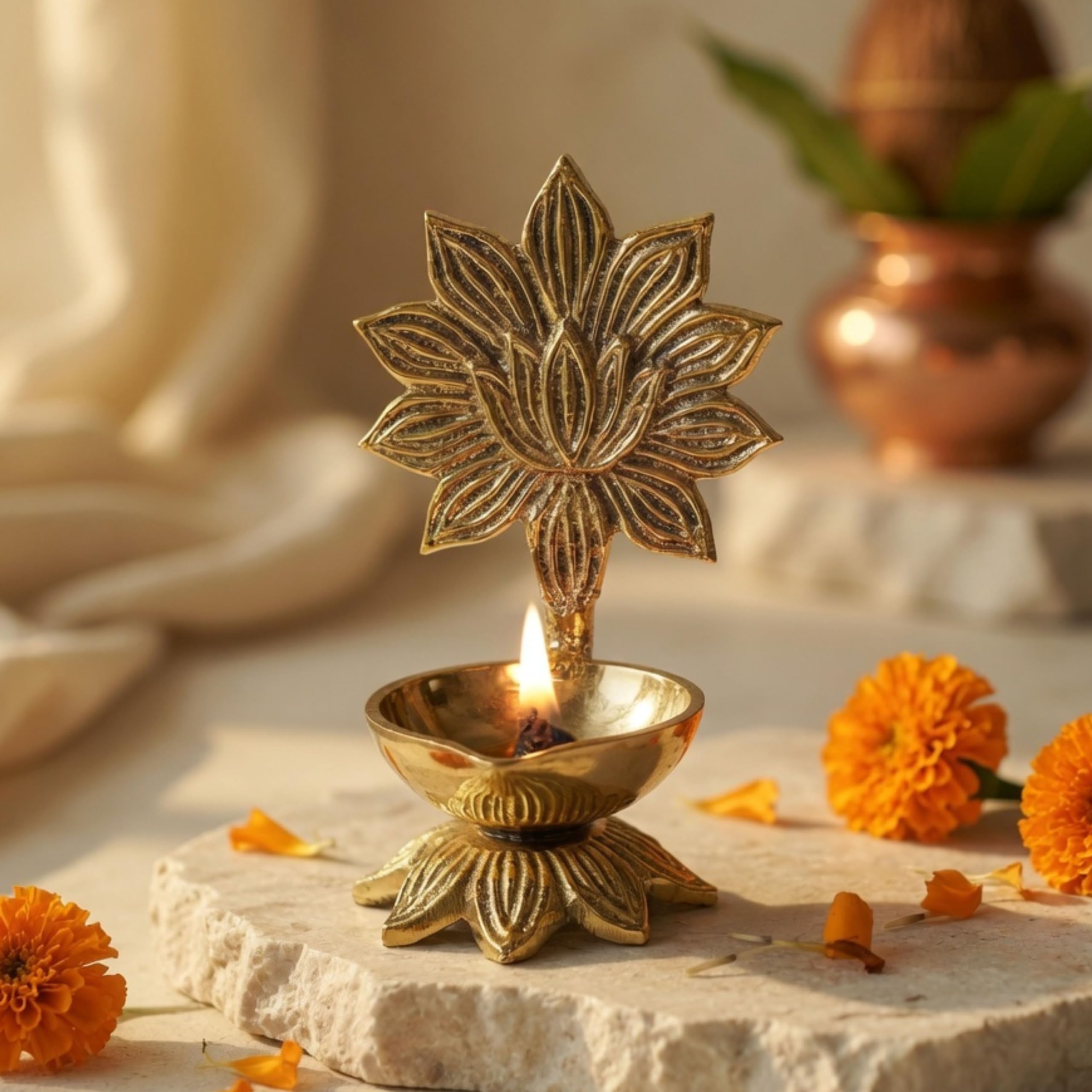 Behoma 100% Pure Brass Lotus Diya for Puja | Kamal Deepak Diya