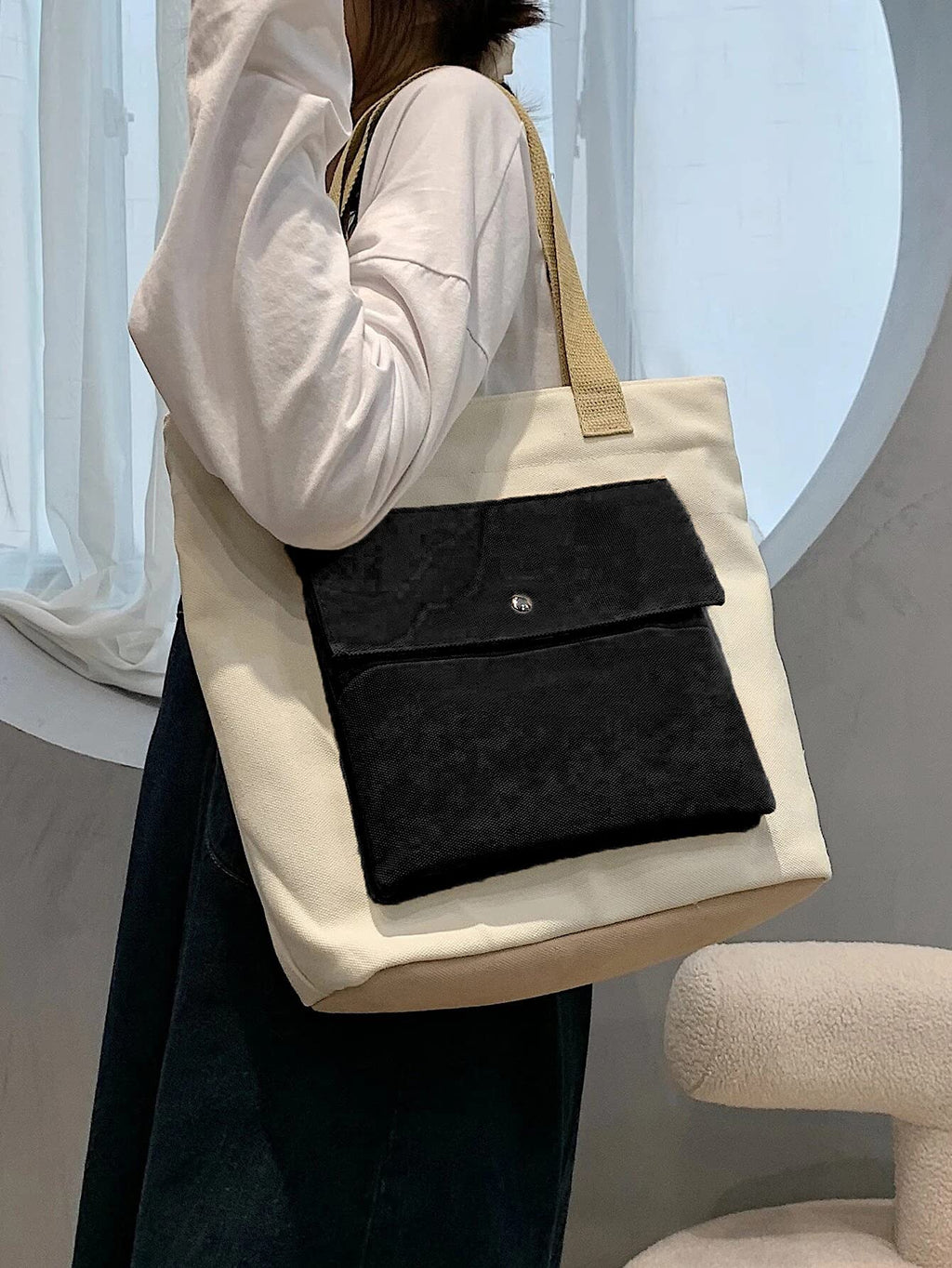 GLOWIC Large Canvas Tote Bags for Women with Zipper | Shopping Bag for Grocery, Travel, Beach | Shoulder Handbags for Women, College Bags for Girls Stylish Trendy(WBAG-34)