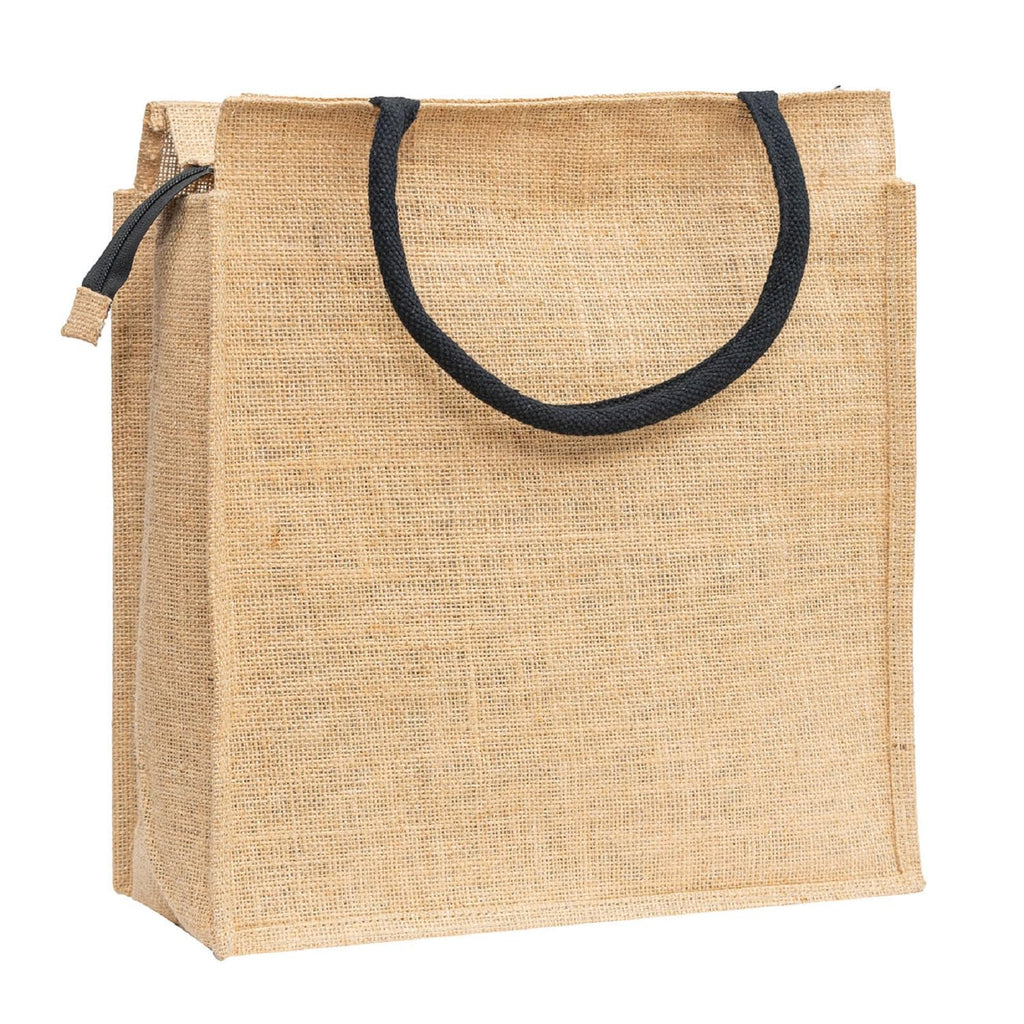 JUTEKA Front Zip Pocket Yellow color Jute Bag for Lunch, Office, Grocery, Picnic, Tiffin, Shopping Hand Bag with padded cotton handles