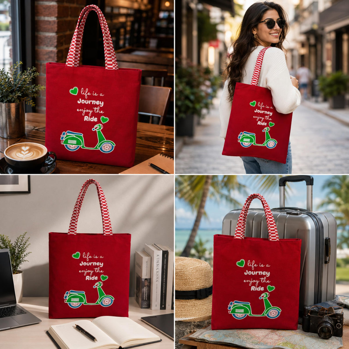 cantainoo Tote Bags | 300 GSM Canvas Tote Bag for Women | Tote Bags for Women | College, Shopping, Office & Everyday Carry Bag (Journey Ride-Red, Medium Pack of 1)