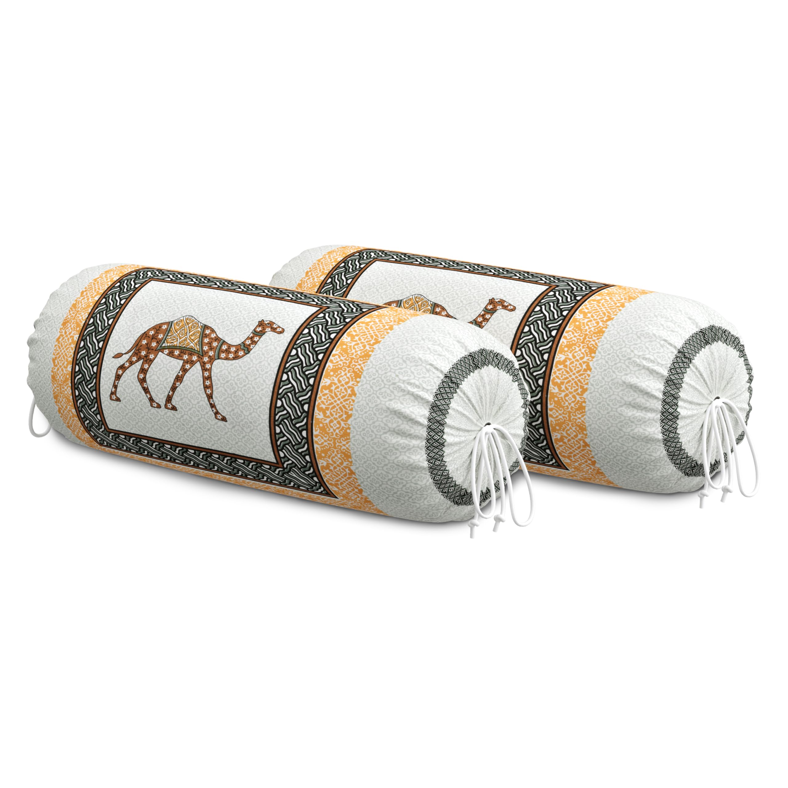 BLOCKS OF INDIA Cotton Hand Block Printed Bolster Cover | Booster Cover with Drawstring | Round Long Pillow Cover for Bed | Dewan Pillow Cover Set 16 X 32 | Set of 2 (Yellow Camel)