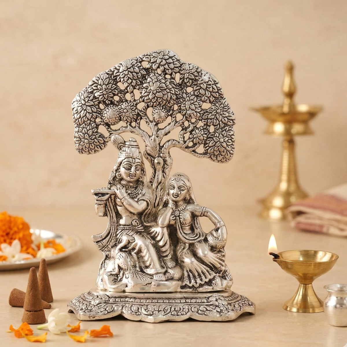KridayKraft Metal Radha Krishna Idol with Under Tree Decorative Showpiece Statue for Puja Room Home Office Desk Gift Items Ornate Metal Sculpture of Hindu Deities, 18 cm Height Silver