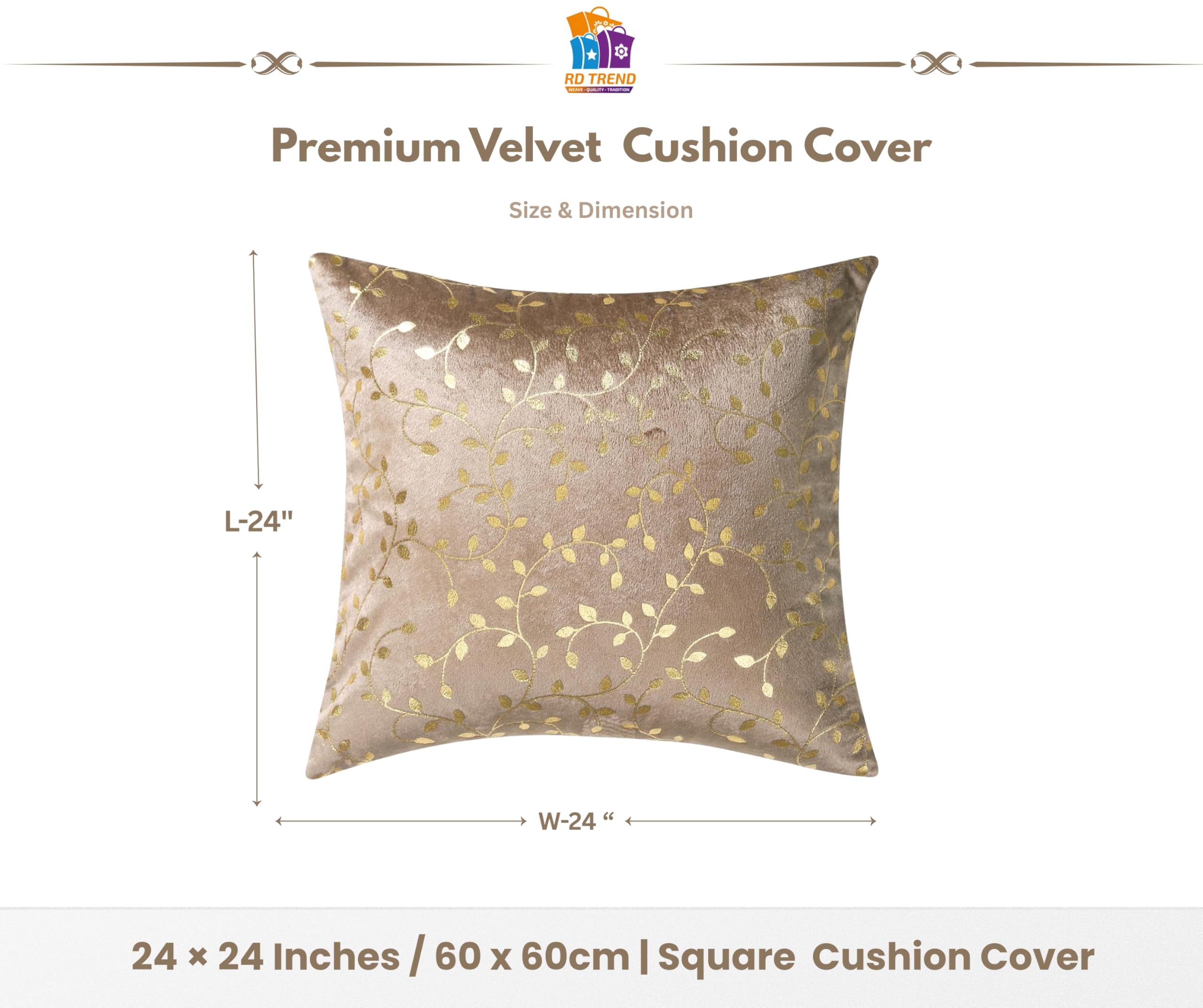 RD TREND Velvet Cushion Covers, 60 x 60 cm/24 x 24 inches,Pack of 2,250 TC, Back Zipper (Brown)