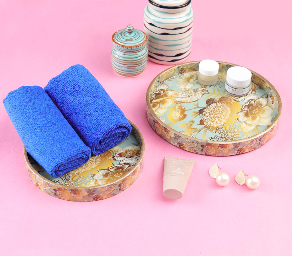 TrayFi MDF Round Wooden Serving Tray | Pack of 2 | Enamel Finished Trays - Size : 9x9, 7x7 Inches | Handcrafted Wooden Tray for Kitchen & Dining (Grey Birds)