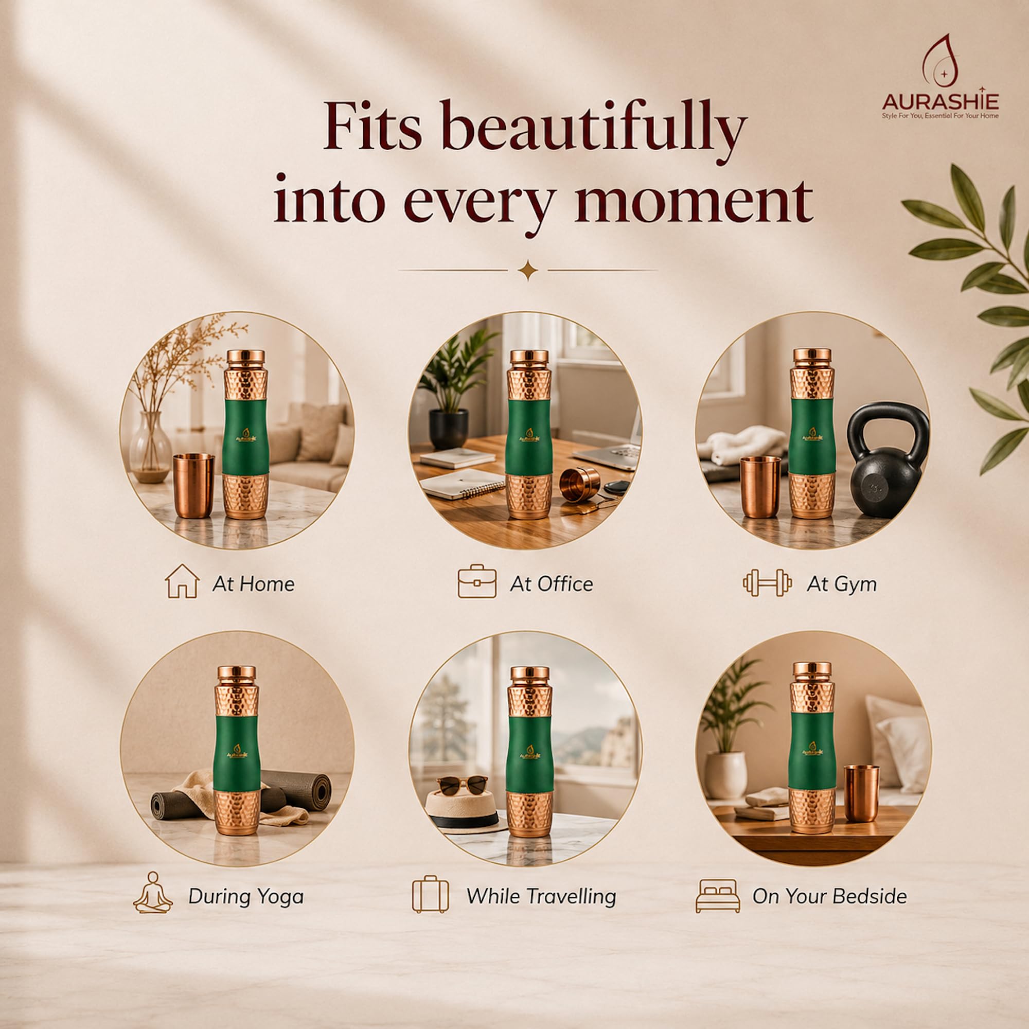AURASHIE Pure Copper Water Bottle 1 Litre | BPA Free & Leak Proof | Copper-Infused Water | Durable & Rust Proof | Ayurveda Health Benefits - Hammered Finish (Green Grip Sleeve)