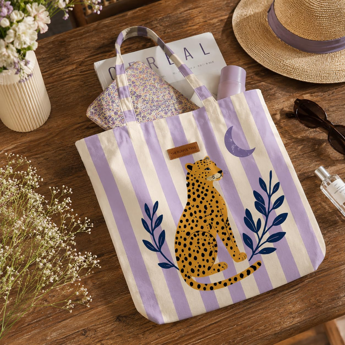 The Purple Tree Moonlit Leopard Tote Bag for Women | Large Canvas Shoulder Tote | Travel Bag, Shopping Tote, Vacation bag | 40 x 43 cm