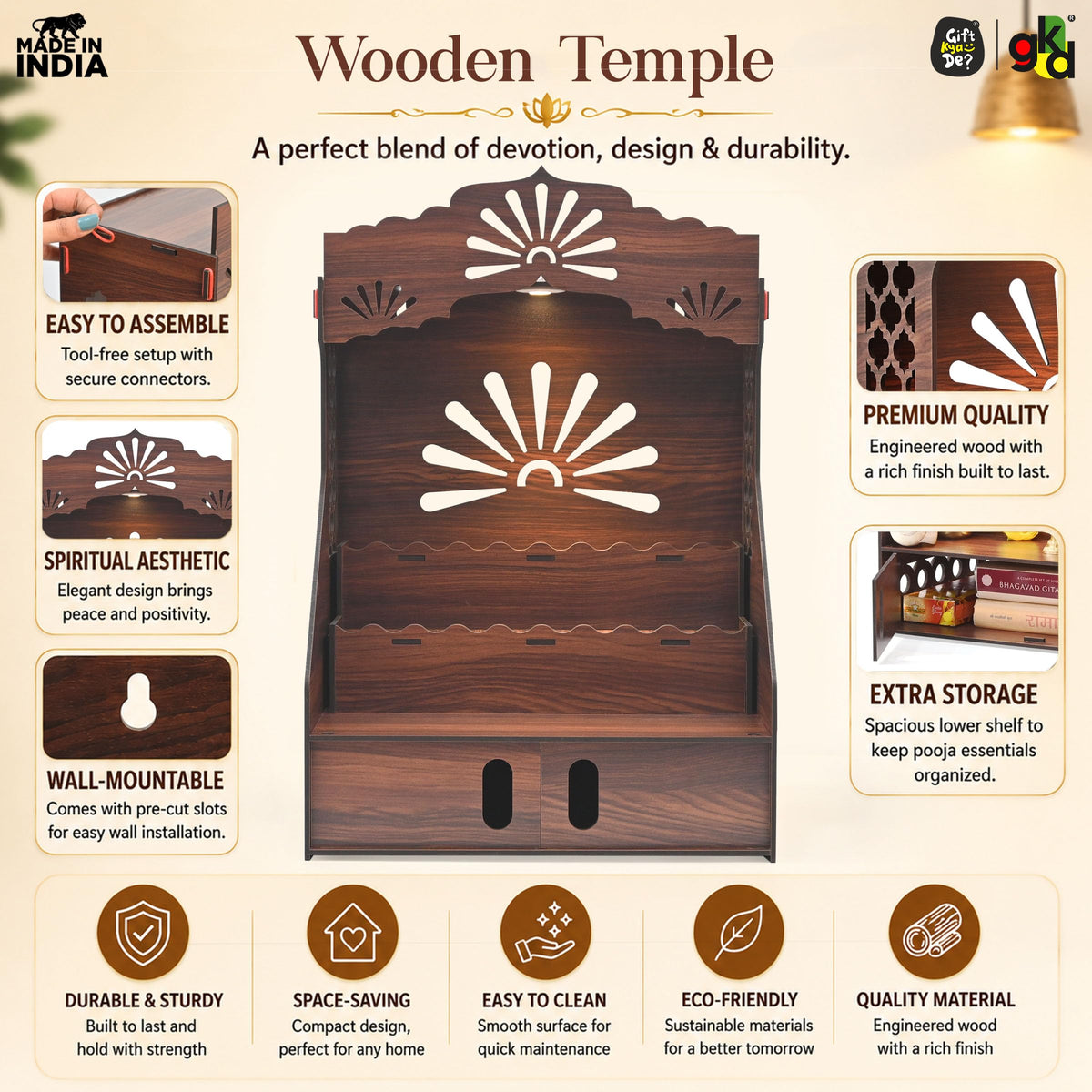 Gift Kya De Wooden Temple for Home with Storage, Step Mandir 22 x 14 x 11 Inch, Wall Mount & Tabletop Pooja Mandir, DIY Assembly Home Temple for Living Room, Office & Prayer Room