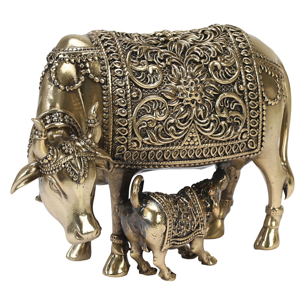 ARTVARKO Superfine Brass Kamdhenu Cow and Calf, Vastu Gau MATA Idol, Vastu Nandi Religious Showpiece, Temple Puja Home Décor 5 Inch