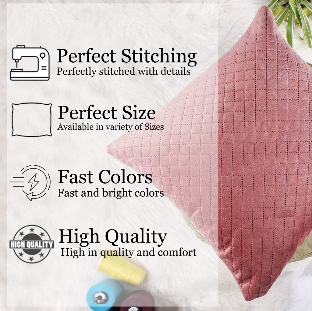 STITCHNEST Quilted Velvet Cushion Covers Set of 2 | Soft Peach | 16x16 Inches | Premium Sofa & Living Room Décor