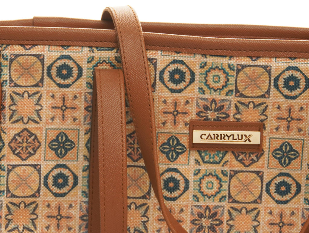 Carrylux Vintage Tile Print Jute Tote Bag for Women