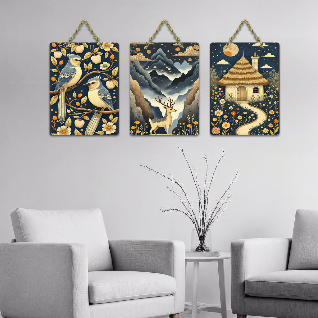 Artvibes Nature Theme Decoration Wooden Wall Hanger for Home Decor | Living Room | Office | Wall Art Painting For Hall | Graphic Artwork | Wall Art Print | Unique Gift Items (WH_96111N), Set of 3