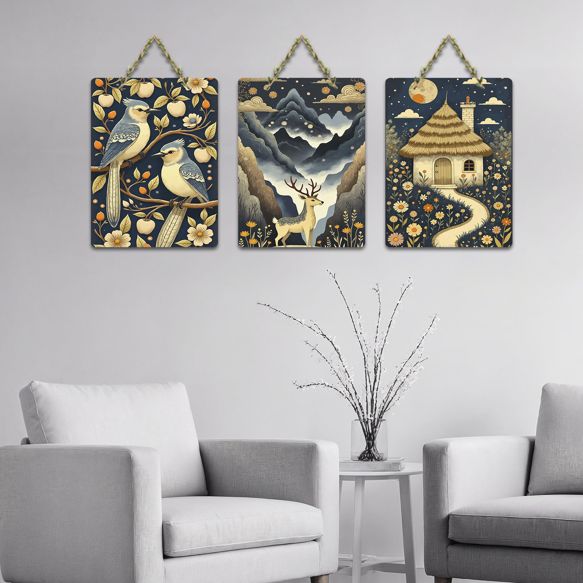 Artvibes Nature Theme Decoration Wooden Wall Hanger for Home Decor | Living Room | Office | Wall Art Painting For Hall | Graphic Artwork | Wall Art Print | Unique Gift Items (WH_96111N), Set of 3