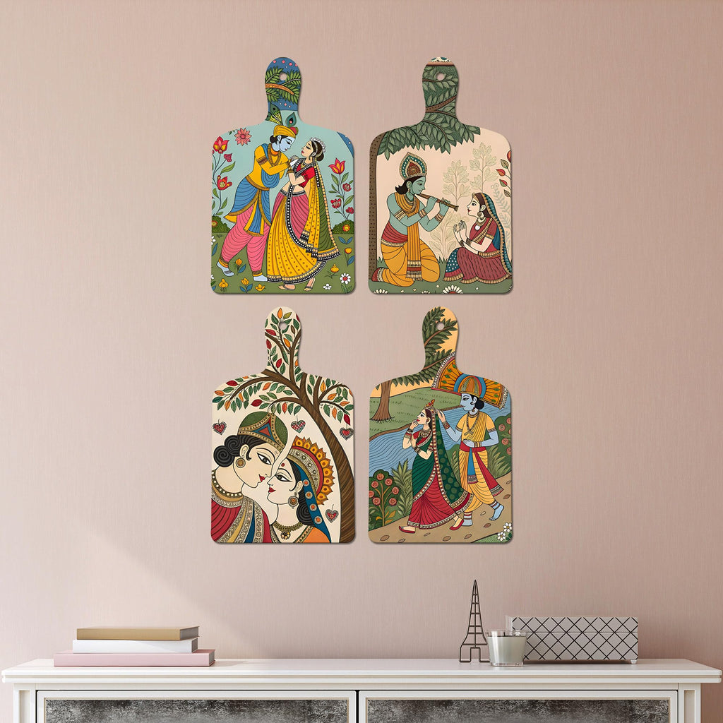 Artvibes Ethnic Indian Shri Radha Krishna Folk Art Wooden Wall Hanger for Home | Spiritual Decor Items | Wall Poster | Artwork| Stylish Modern Decor Item | Gift Items (WH_5647N), Set of 4