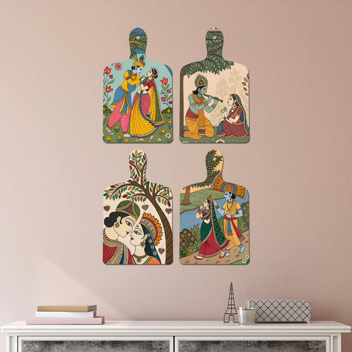 Artvibes Ethnic Indian Shri Radha Krishna Folk Art Wooden Wall Hanger for Home | Spiritual Decor Items | Wall Poster | Artwork| Stylish Modern Decor Item | Gift Items (WH_5647N), Set of 4