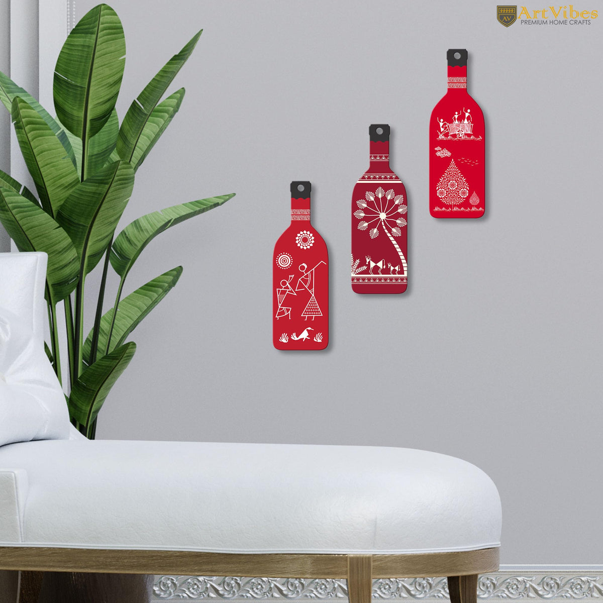 Artvibes Tribal Warli Art Decor Bottle shaped Wooden Wall Hanging | Living Room | Office | Cafe | Handcrafted Art | Wall Accent | Art Painting | Artworks Hangings | Gift Items (WH_9526N), Set of 3