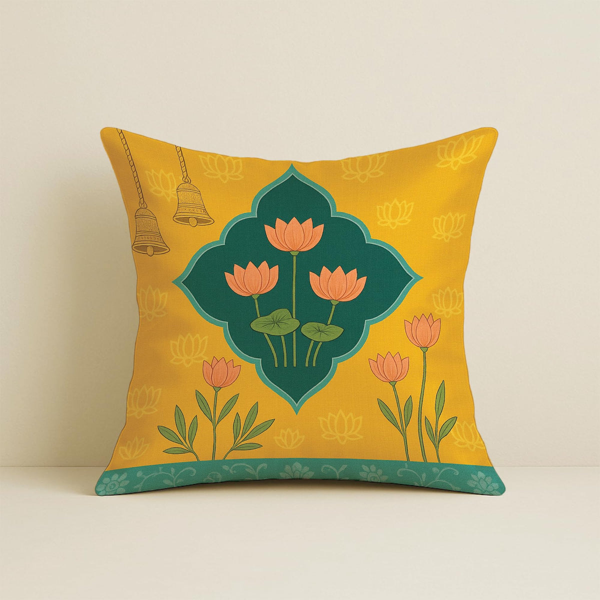 STITCHNEST Satin Ethnic Cushion Covers Cow & Lotus Art, 16x16 Inches, Pack of 5 for Living Room & Festive Decor