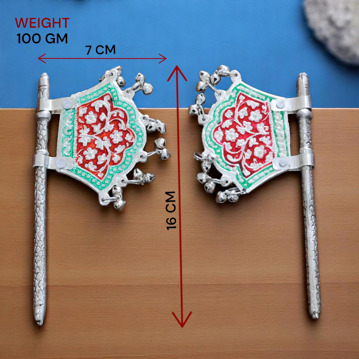 Traditional God Fan, Silver-Plated Metal with Red and Green Enamel Work,Metal Hand Fan for God Idol Pankhi with Mennakari