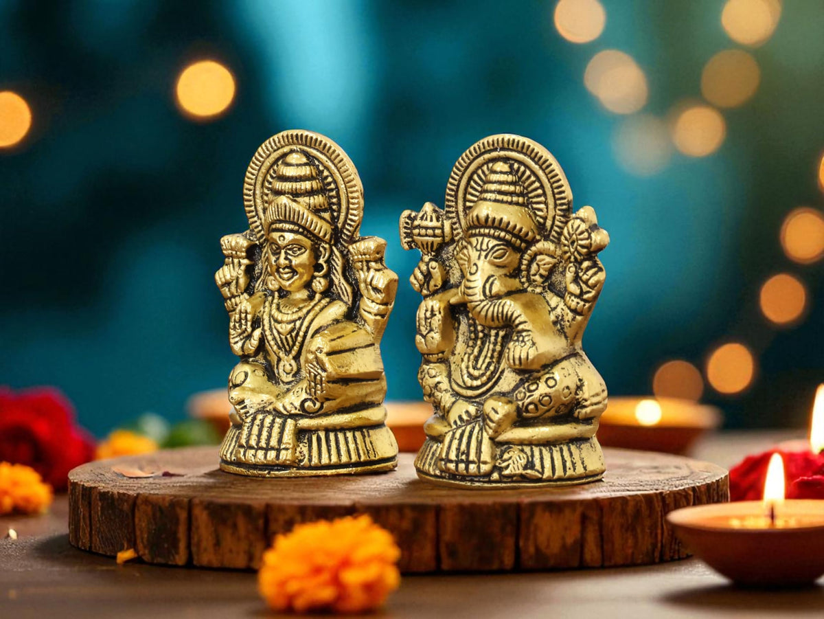 KridayKraft Metal Laxmi & Ganesh Idol Pair – Gold-Finish Mini Statues (7.5 cm × 4 cm Each), 160 g – Auspicious Home Puja Decor & Diwali Gift
