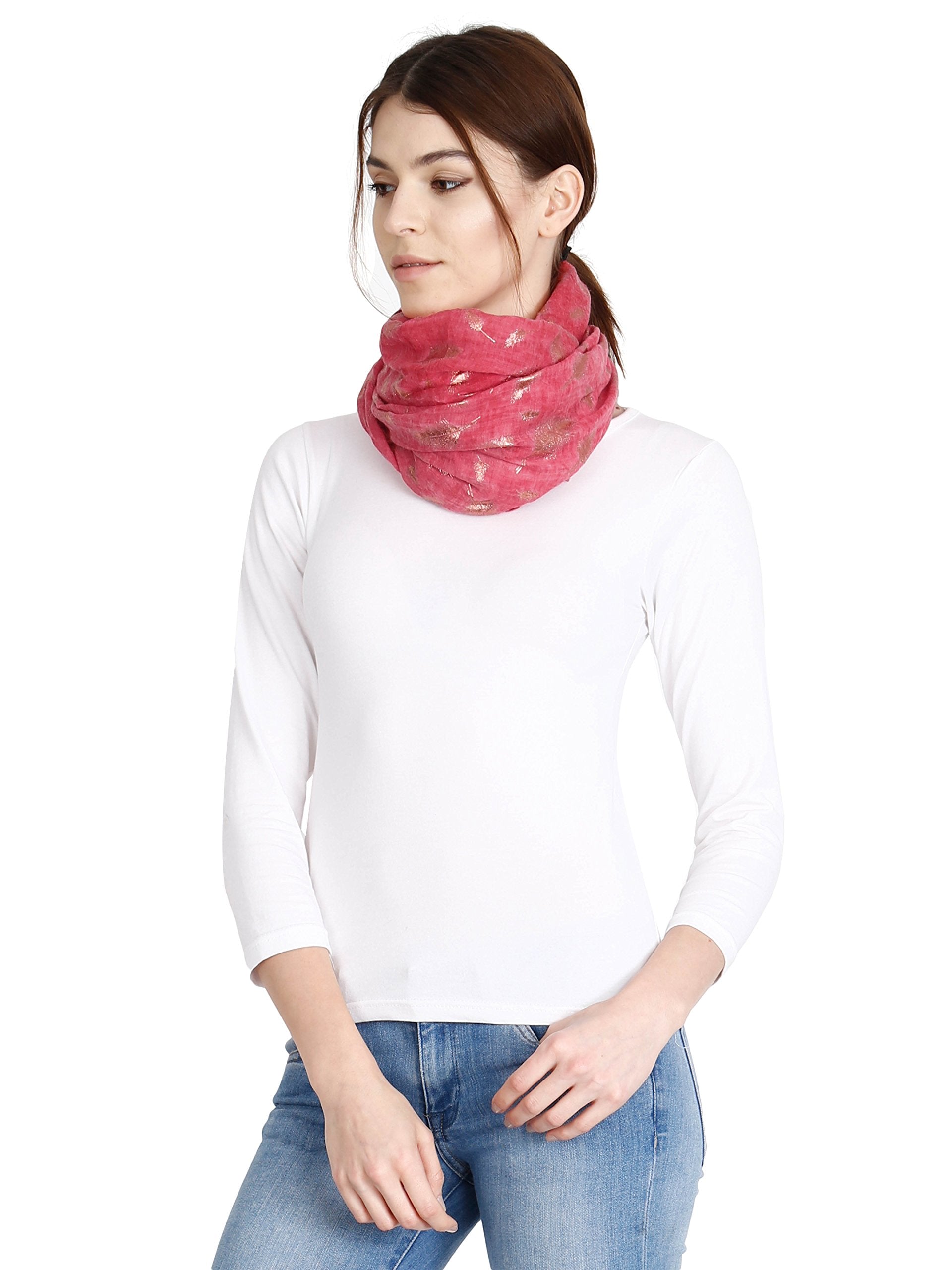 FabSeasons Casual Pinkish Red Cotton Solid Scarf with Feathers Design Zari, Scarves, Stole, Duppatta & Shawl for Women & Girls for Summer & Winters, Size - 80 * 180 cms
