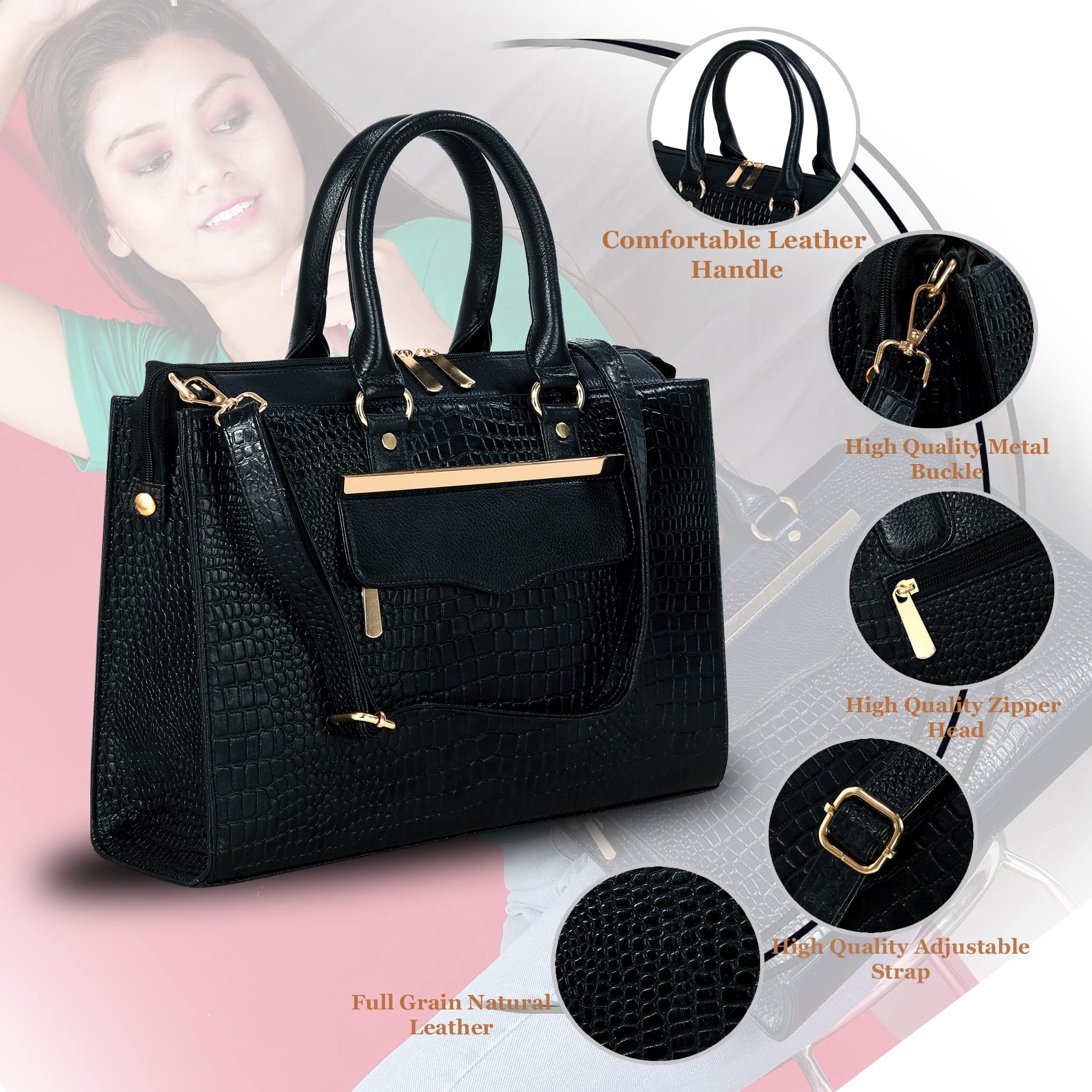 HYATT Leather Accessories Full-Grain Cro Leather Top-Handle satchels Tote Handbags & Shoulder Sling Bags For Women Office Branded Size- L-13.5 X H-10.5 x W- 4.6 Inch (BLACK)