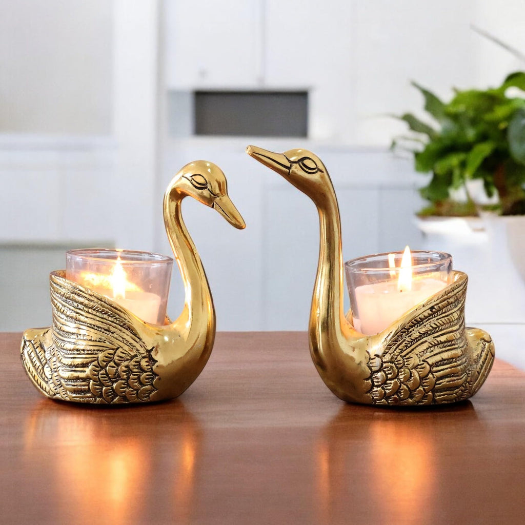 KridayKraft Aluminium Pair of Swans for Good Luck and Love | Candle Holder for Home Decor Tabletop | Showpiece for Gifting Anniversary Valentine's Day (Votive Candle Holders)