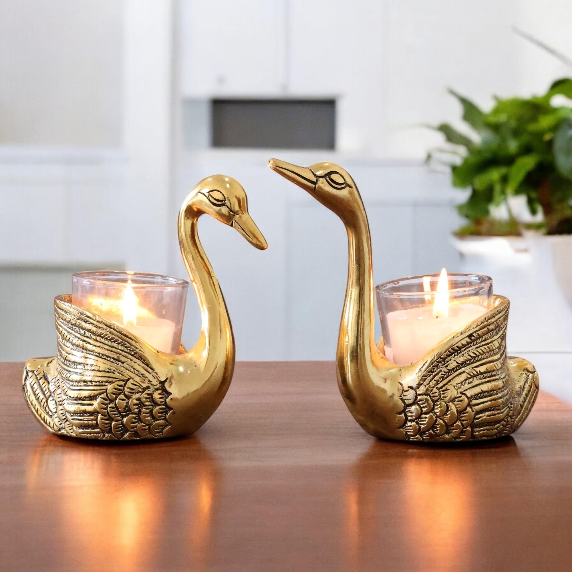 KridayKraft Aluminium Pair of Swans for Good Luck and Love | Candle Holder for Home Decor Tabletop | Showpiece for Gifting Anniversary Valentine's Day (Votive Candle Holders)