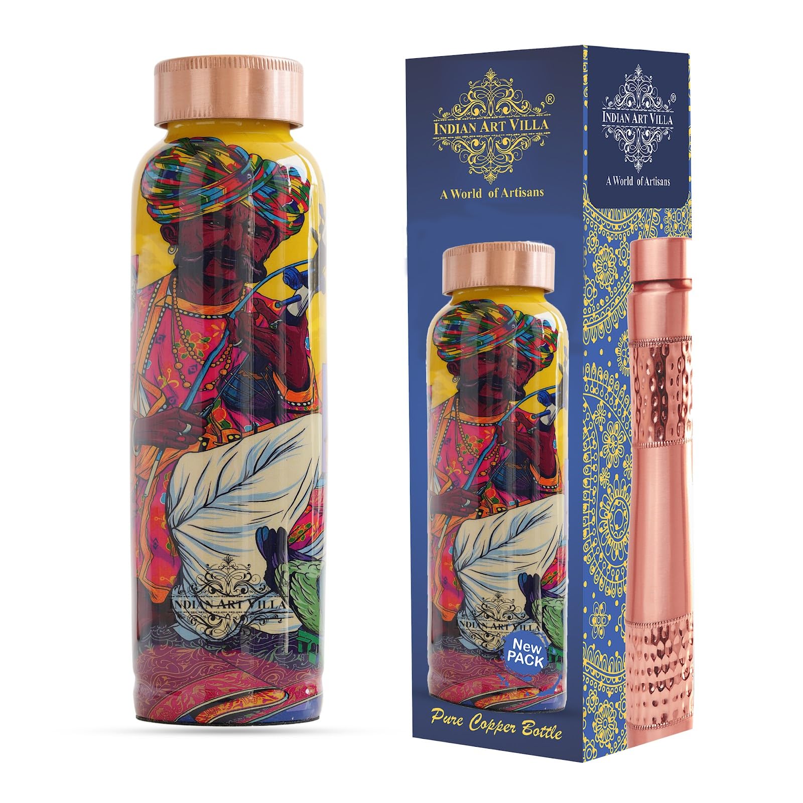 INDIAN ART VILLA Pure Copper Water Bottle 900 ml, Rajasthani Meena Printed Design, Ayurvedic Health Benefits, Leak-Proof for Home, Office, Gym, Yoga & Travel