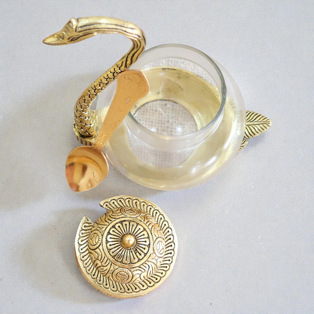 KridayKraft Aluminium swan Duck with Transparent Glass Bowl Set with Spoon and lid (11 x 15 x 11 cm, Gold)
