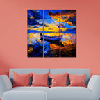 VIBECRAFTS 3 Pieces Beautiful Sunset & Boat Canvas Wall Painting Fitted With Wooden Frame For Home | Office | Living Room | Gifts (PTVC3Pcs1_9525)