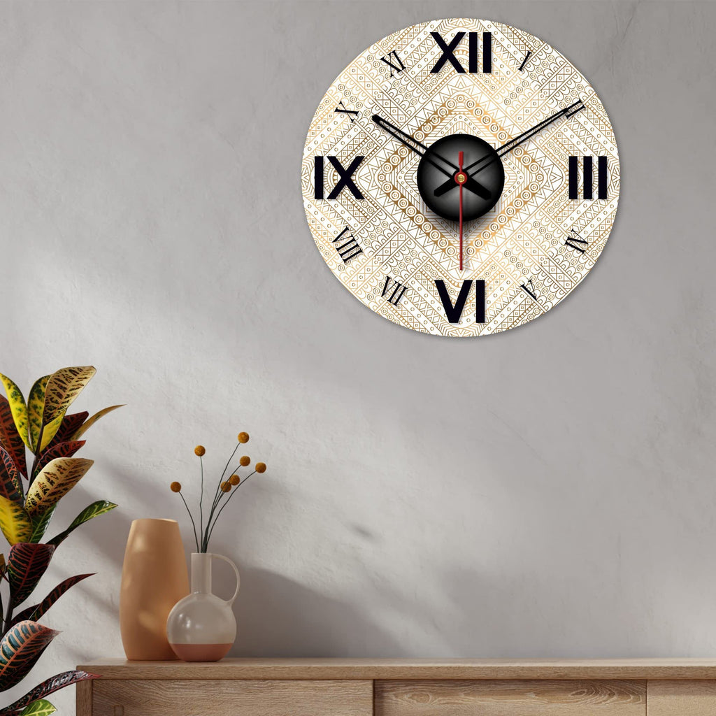 VIBECRAFTS Detailed Golden Pattern Wooden Wall Clock for Home Decor, Office, Living Room, Bedroom, Cafe's, Gifts (WWCVC1Pcs_15068N)