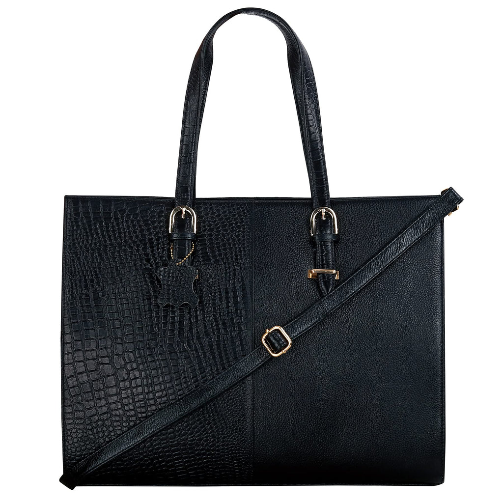 RICHSIGN LEATHER ACCESSORIES Full-Grain Natural Cro Leather Ladies Handbags & Sling Shoulder Tote Bags For Women Laptop Big Size Branded Stylish..Size- L-16 X H-12.5 x W- 5.5 Inches (BLACK)