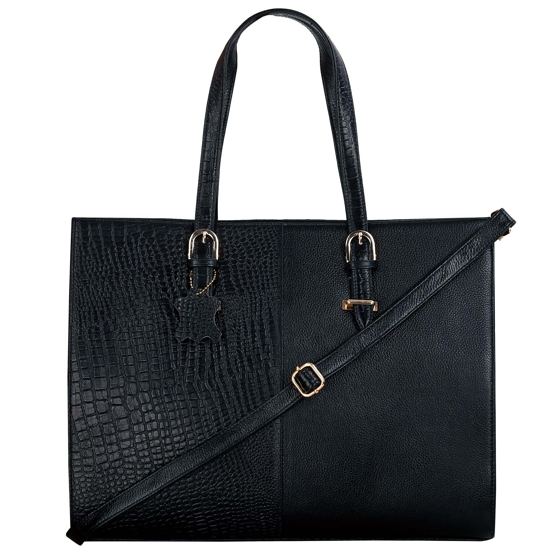 RICHSIGN LEATHER ACCESSORIES Full-Grain Natural Cro Leather Ladies Handbags & Sling Shoulder Tote Bags For Women Laptop Big Size Branded Stylish..Size- L-16 X H-12.5 x W- 5.5 Inches (BLACK)