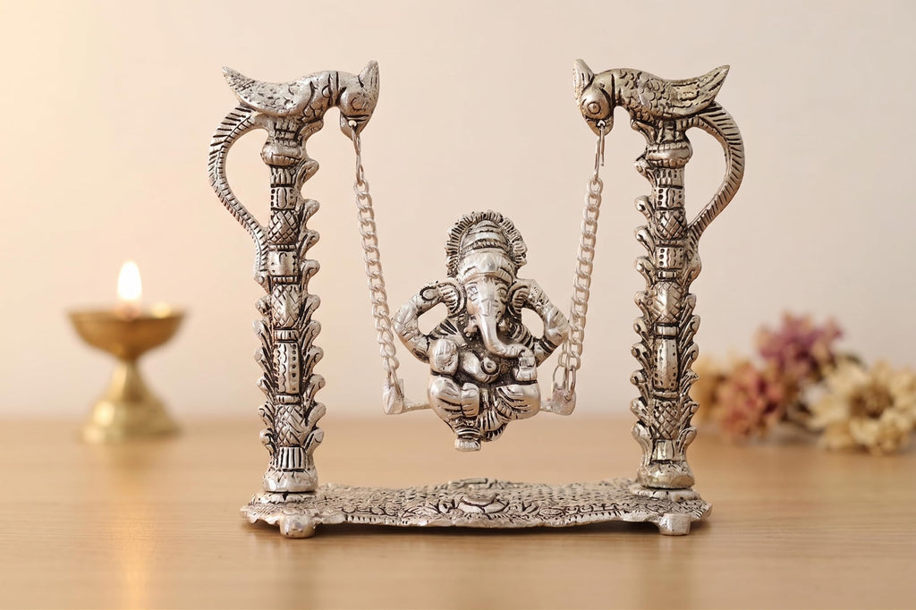KridayKraft Aluminium Lord Ganesha on Parrot Jhula Idol | Silver Oxidized Finish Decorative Showpiece for Home Decor, Temple, Living Room, Office & Festive Gifting.