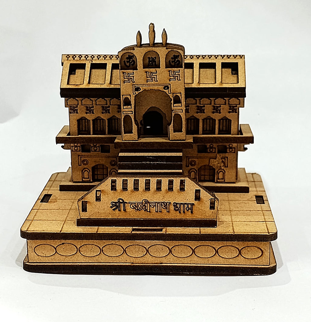 MAPPERZ Wooden Handcrafted 3D Badrinath Temple The Place of Peace in Wood Miniature Small | Shri Badrinath Temple for Gifting, ShowPiece, Temple, Car Dashboard (Beige, Set of 1)