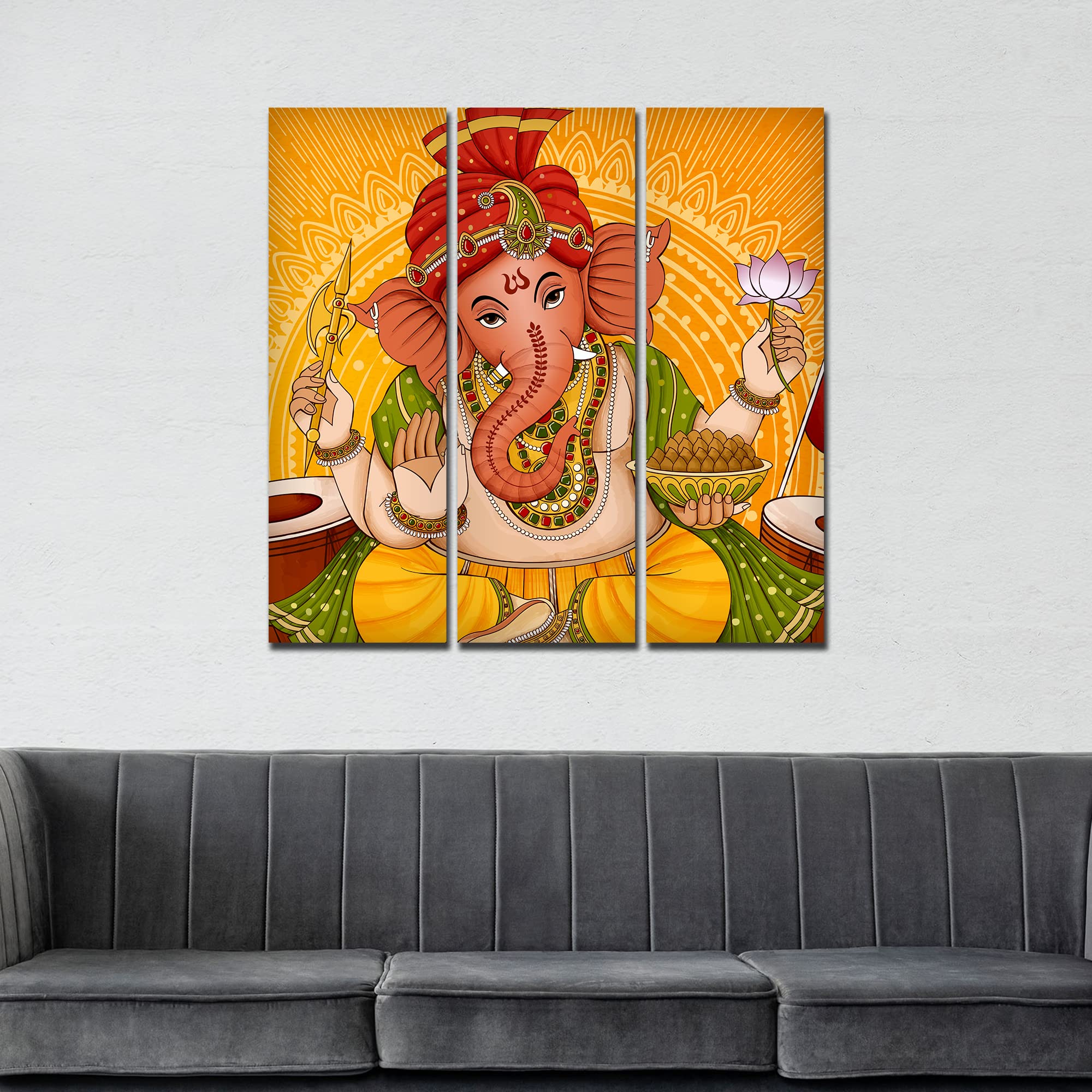 VIBECRAFTS 3 Pieces Shree Ganesh Ji Canvas Wall Painting Fitted With Wooden Frame For Home | Office | Living Room | Gifts (PTVC3Pcs1_9559)