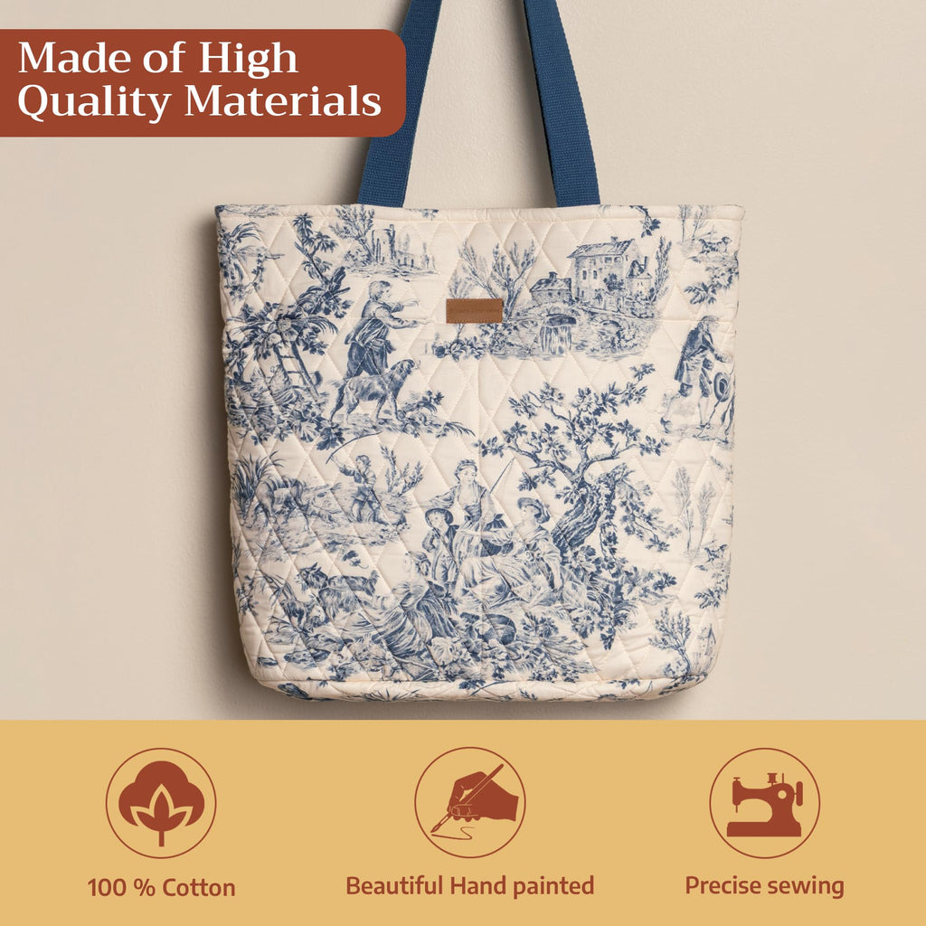 Maison d' Hermine Shopping Bags Cotton Quilted Tote Bag with Zipper Pockets, 008 - the Miller - Blue, 17.7 L x 6.7 W x 14.6 H (Shopping Bag), 2 - the Miller - Blue
