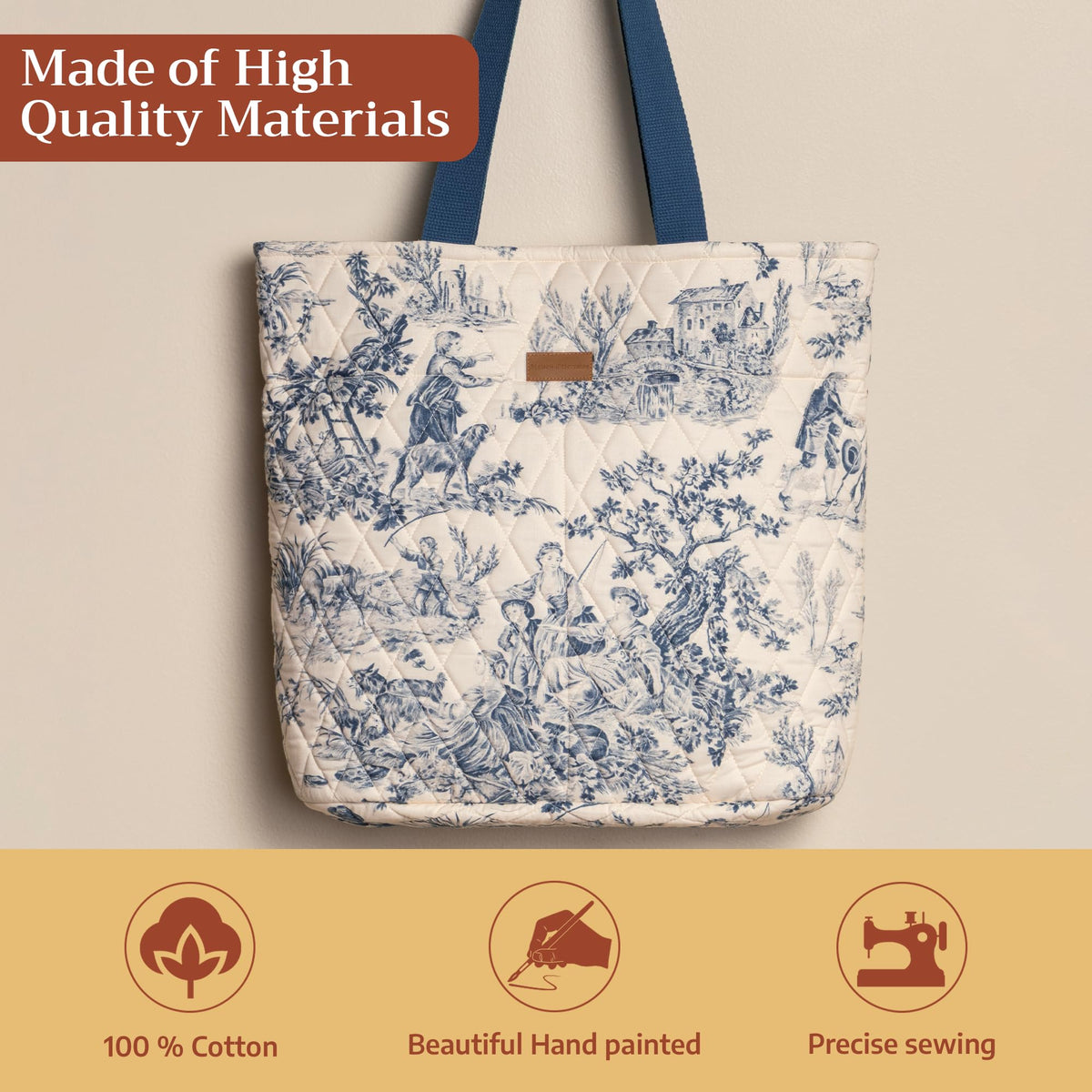 Maison d' Hermine Shopping Bags Cotton Quilted Tote Bag with Zipper Pockets, 008 - the Miller - Blue, 17.7 L x 6.7 W x 14.6 H (Shopping Bag), 2 - the Miller - Blue