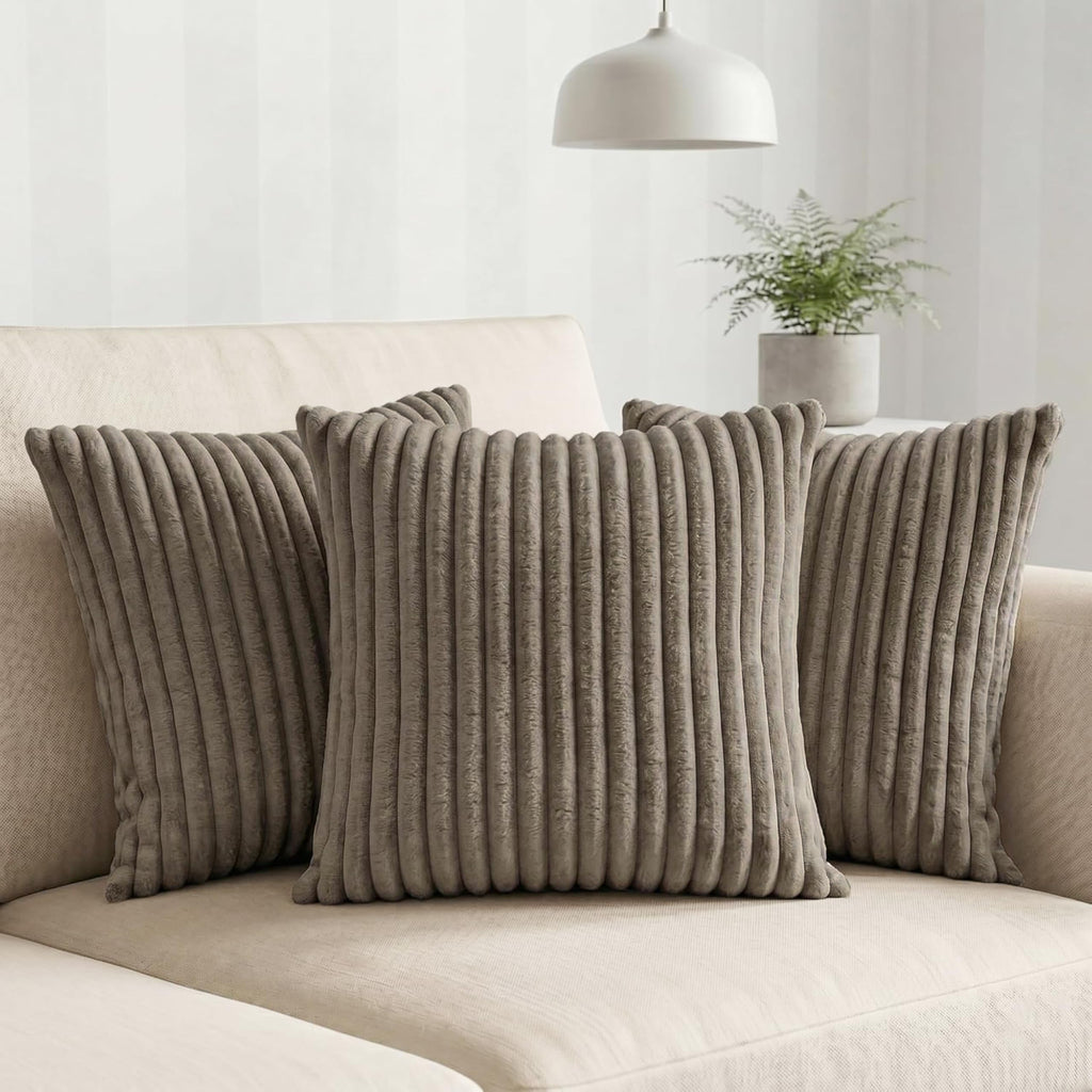 Yellow Weaves Pencil-Stripe Fur Cushion Covers | Soft Polyester | Decorative Sofa & Throw Pillow Covers | 16x16 Inches, Pack of 3 (Mouse)