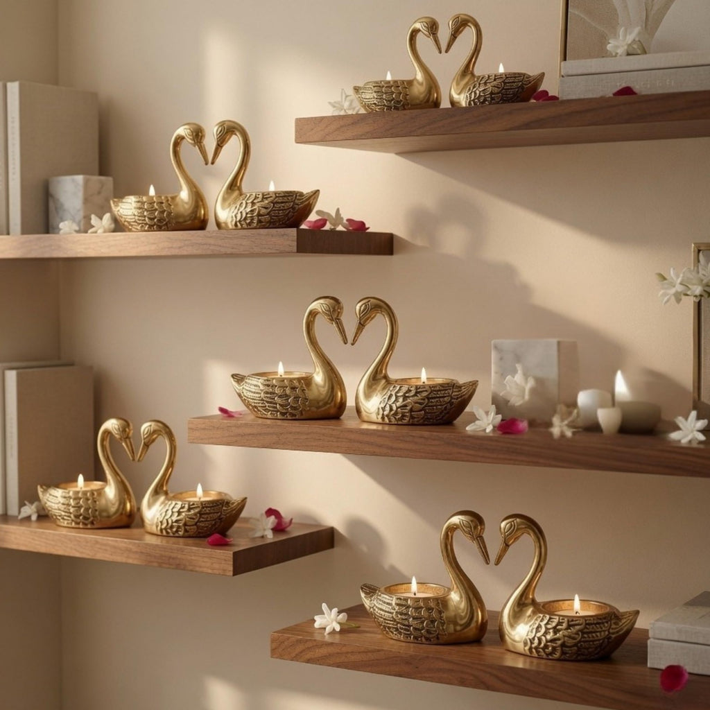 BEHOMA Metal Pair of Love Swans with 2 Tea Lights, Golden - Pack of 5