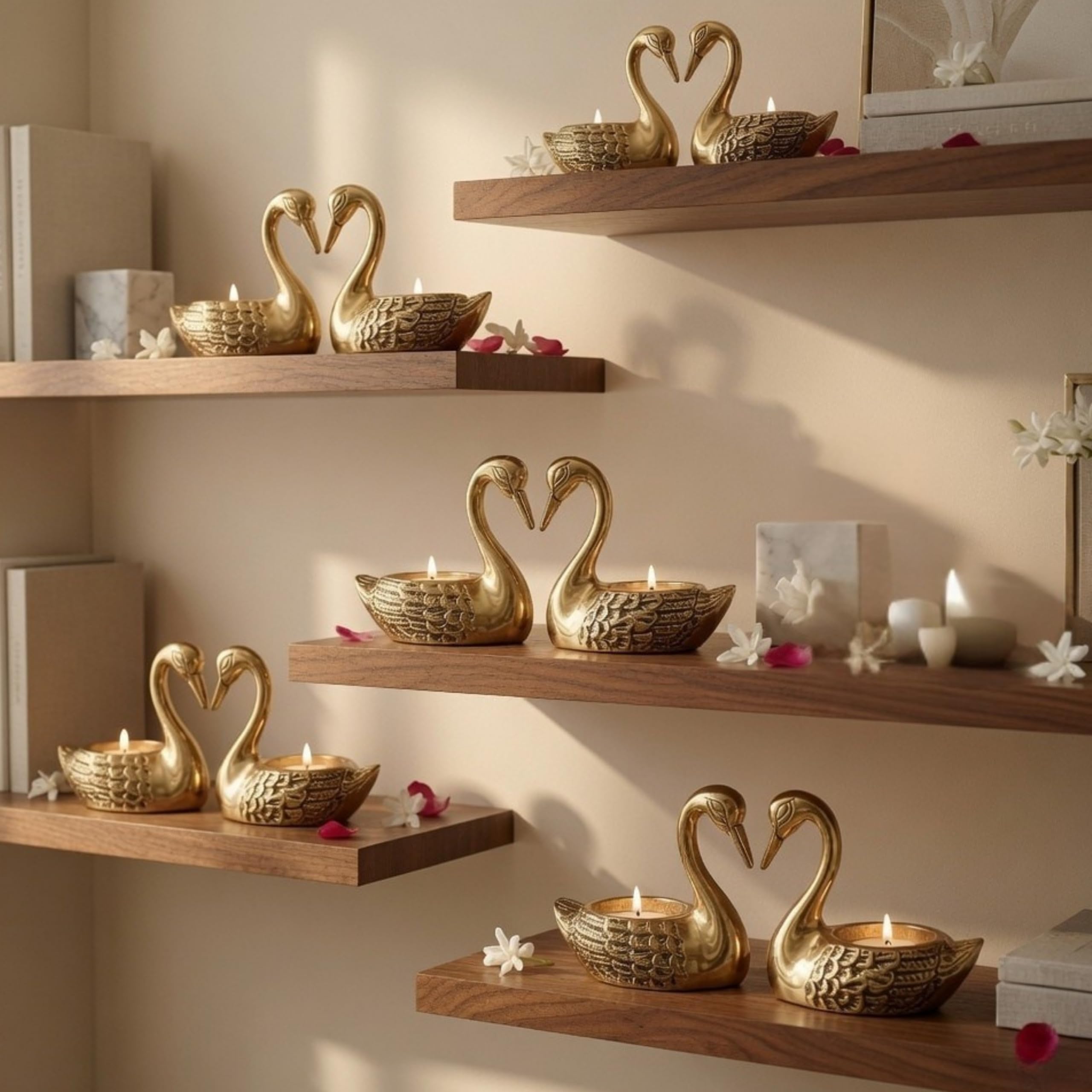 BEHOMA Metal Pair of Love Swans with 2 Tea Lights, Golden - Pack of 5
