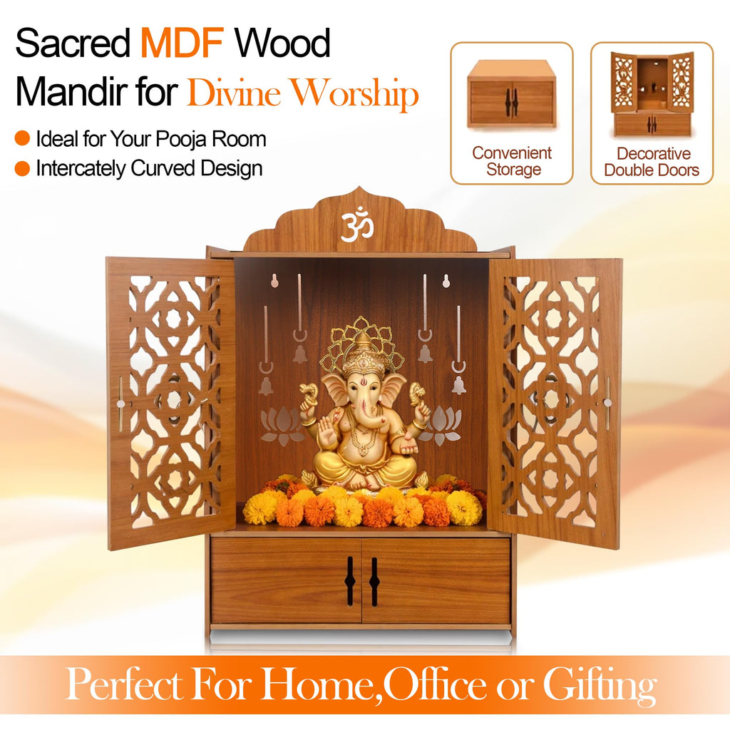 Pack of 1 Wooden MDF Temple Mandir for Home & Shops, Size 51x37x27 Cm1 Piece LED Light & Complete Wall Mount Kit with Door & Cabinet with Storage Space, Assembly Required, Pooja Mandir