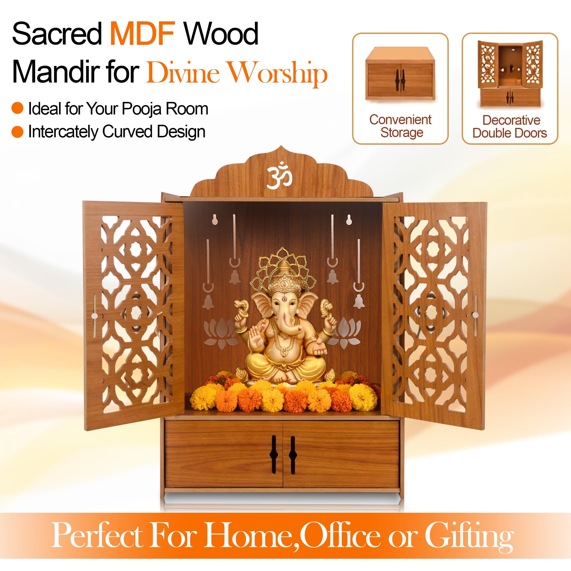 Pack of 1 Wooden MDF Temple Mandir for Home & Shops, Size 51x37x27 Cm1 Piece LED Light & Complete Wall Mount Kit with Door & Cabinet with Storage Space, Assembly Required, Pooja Mandir