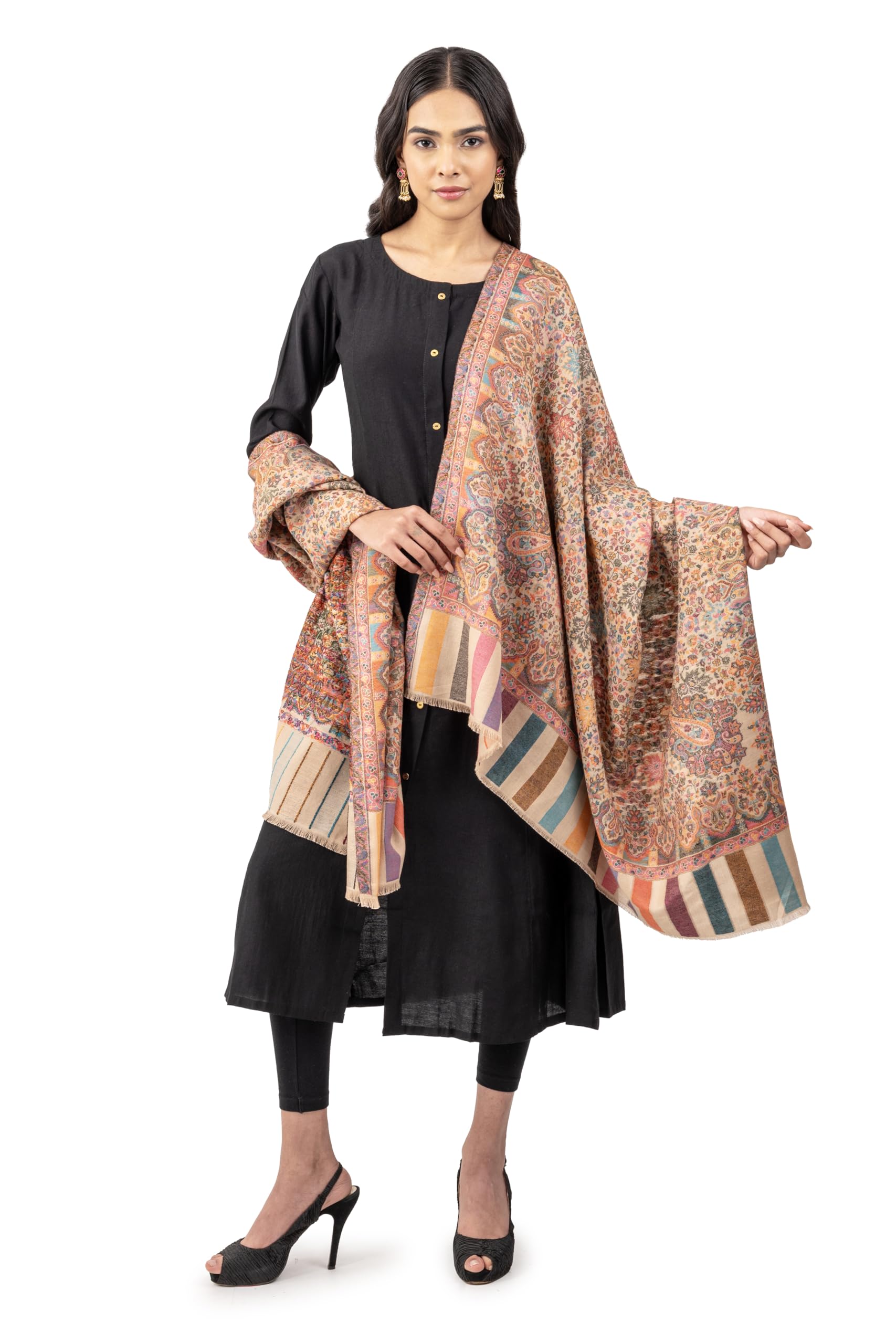 Naureen Women Pashmina Blend Kani Shawl with Floral Artwork, Warm and Soft, 40x80 inch