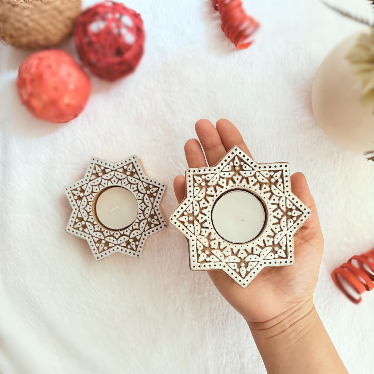Goyoham | Pack of 2, Premium Wooden Candle Holders with Octagon Star Pattern | Handcrafted in India | Home Decor and Gifting