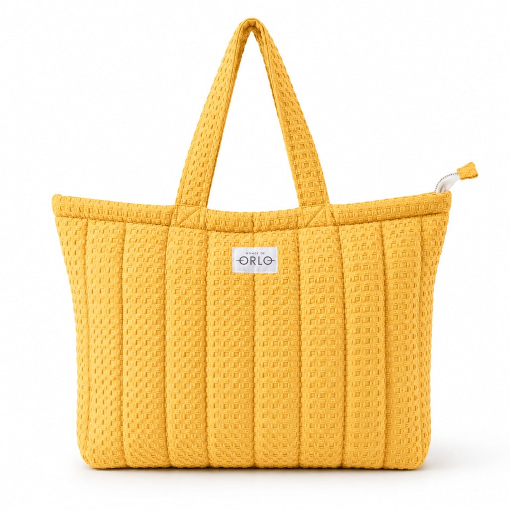 HOUSE OF ORLO Women's Cotton Quilted Aesthetic Tote Bags, Waffle Weave Handmade with Zipper & Double Handles for Women & Girls, Daily Use Handbags for College/Travel/Work (Mustard-Yellow)