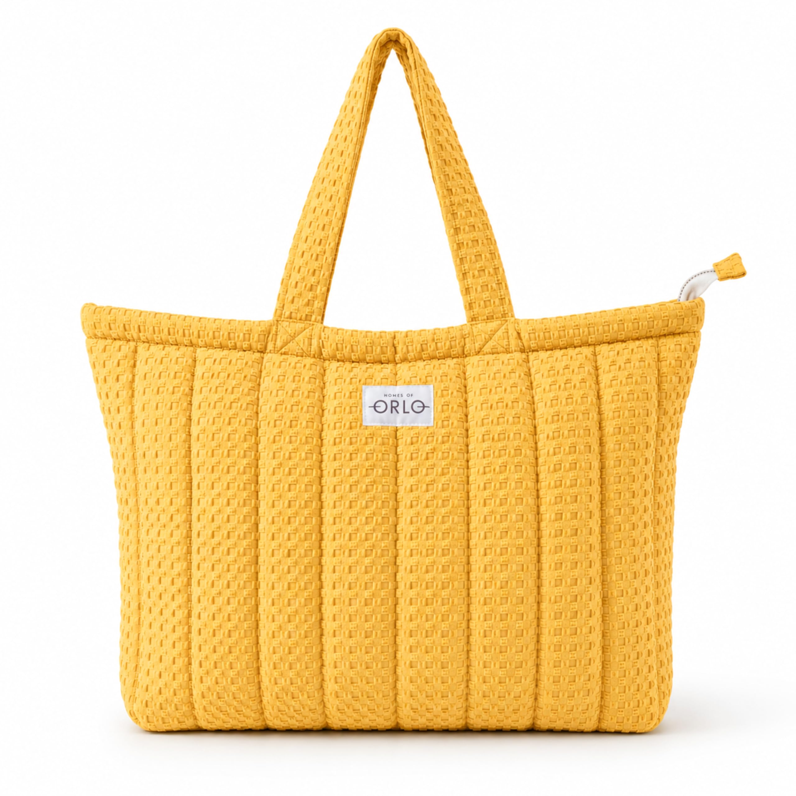 HOUSE OF ORLO Women's Cotton Quilted Aesthetic Tote Bags, Waffle Weave Handmade with Zipper & Double Handles for Women & Girls, Daily Use Handbags for College/Travel/Work (Mustard-Yellow)