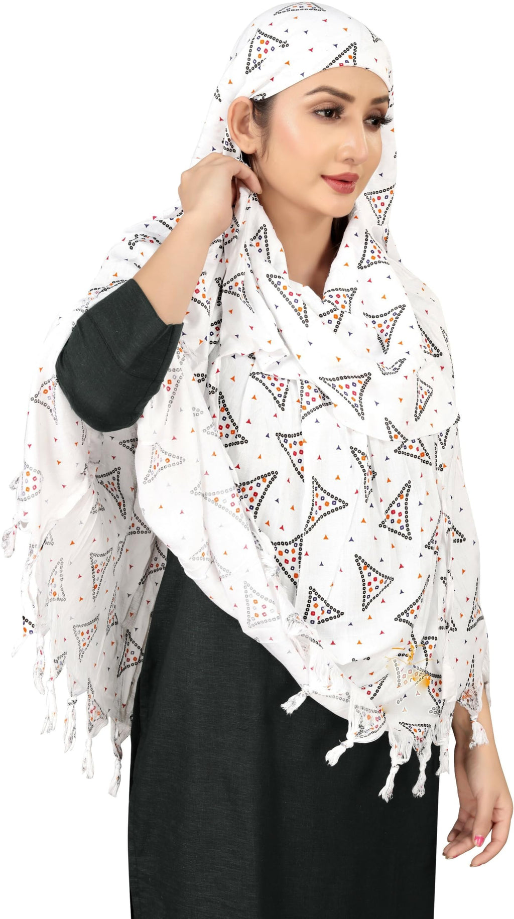 Sclout Soft Cotton Breathable Sun Protection Scarf Dupatta Usable for vehicle Driver | White Printed Design Stoles | Universal Size | For Girl & Women | Light Weight (Scarf - Samosa)
