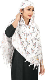 Sclout Soft Cotton Breathable Sun Protection Scarf Dupatta Usable for vehicle Driver | White Printed Design Stoles | Universal Size | For Girl & Women | Light Weight (Scarf - Samosa)