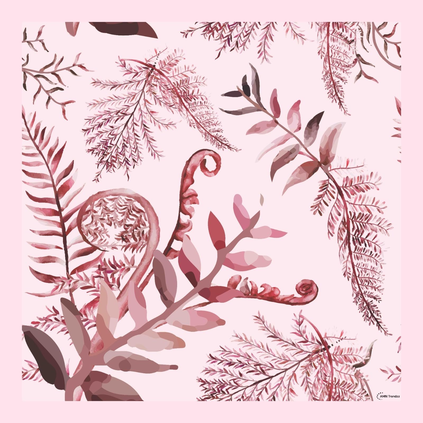 AMN Trendzz Satin Silk Scarf for Women, Stylish Satin Scarf 65×65 cm Square, Scarf for Women Elegant Head and Neck Accessory for Fashion, Travel and Gifting. (Botanical Fern – Pink & Brown)